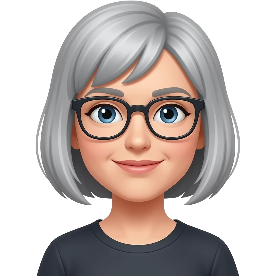 female, salt and pepper hair, bob cut, with eyeglasses emoji