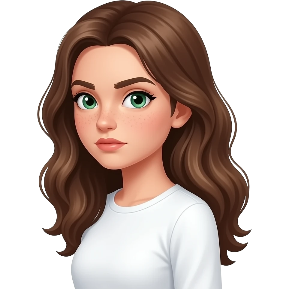 very visible judgmental, cartoonish, grotesque side-eye meme by Brown wavy long haired with green eyes cute face with freckles pretty girl in cute  white top with long sleeve and soft collar, side view, strong face expression, very suspicious look with eyebrows raised, caricatured side eye emoji