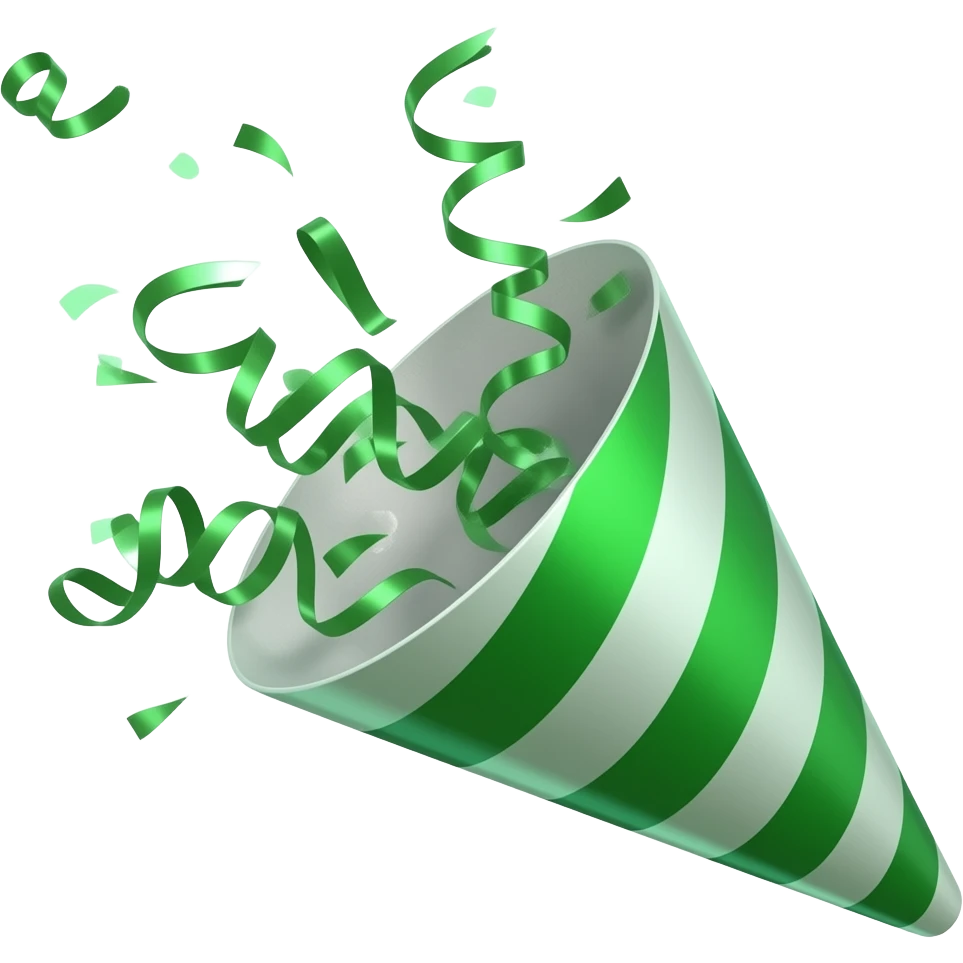 ios emoji style green party popper  with some confetti flying out from inside emoji