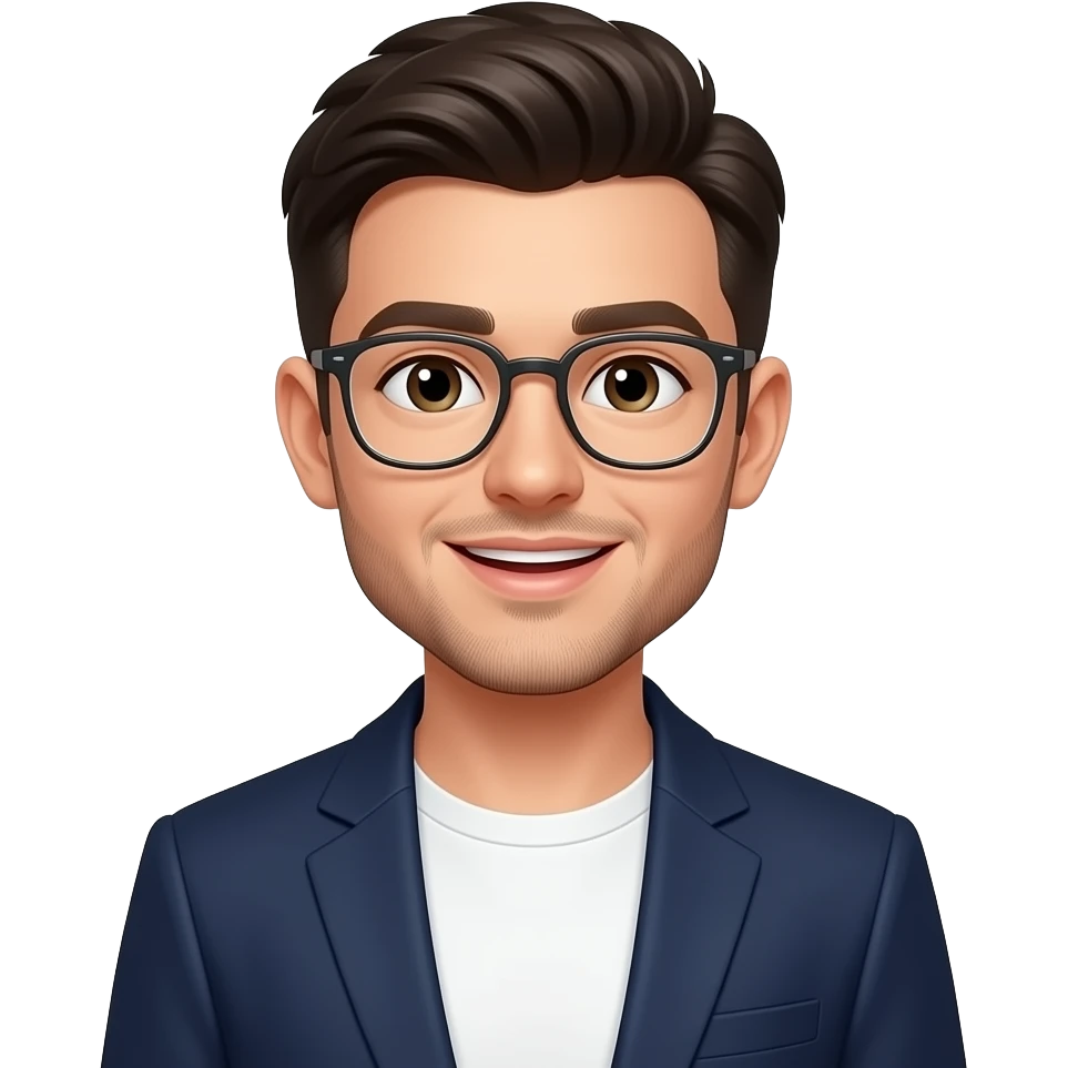 cute young man with thin frame glasses in white tshirt and navy blazer, his mouth is opened, eyes small, face round, short neck, little beard stubbles emoji