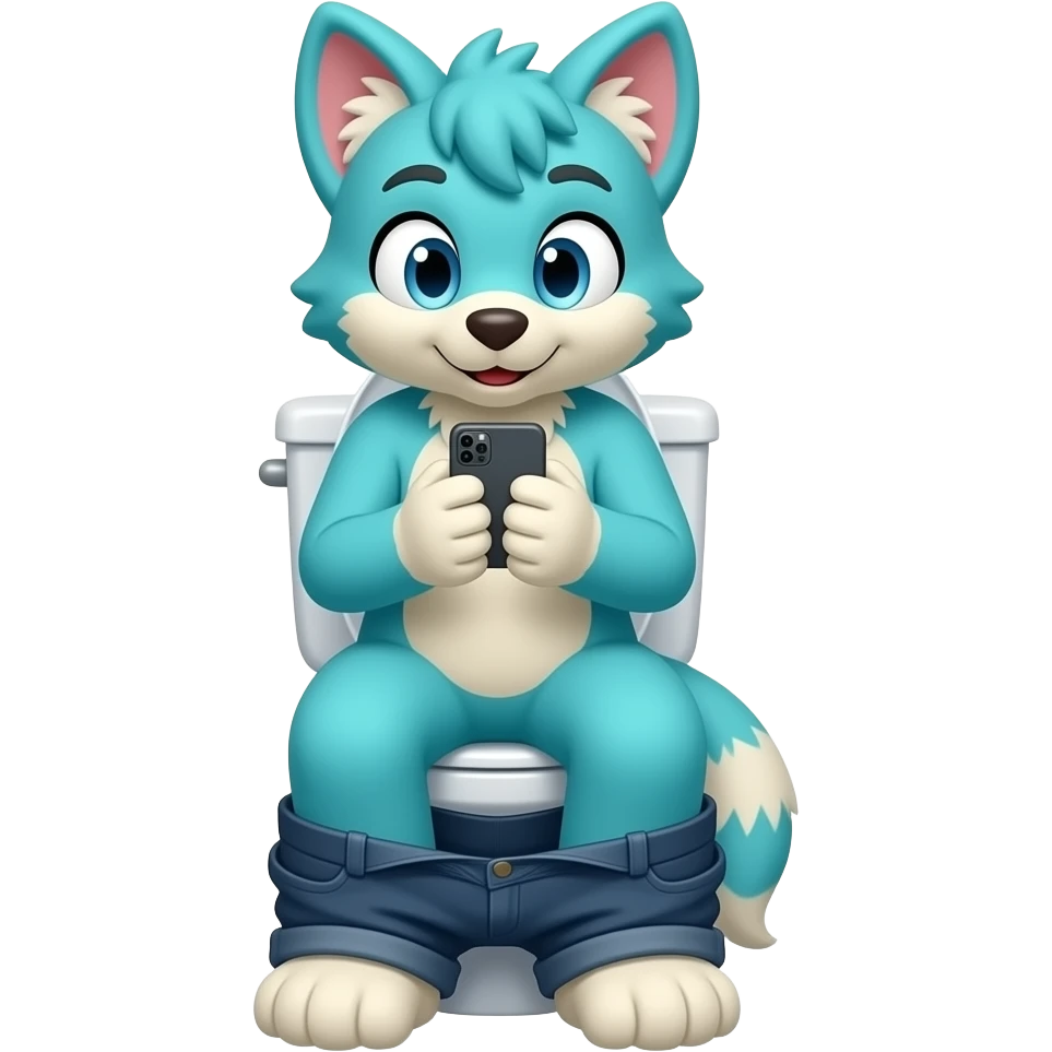 cyan fursuit sitting on toilet,  front view ,pants down, pushing, looking at phone emoji