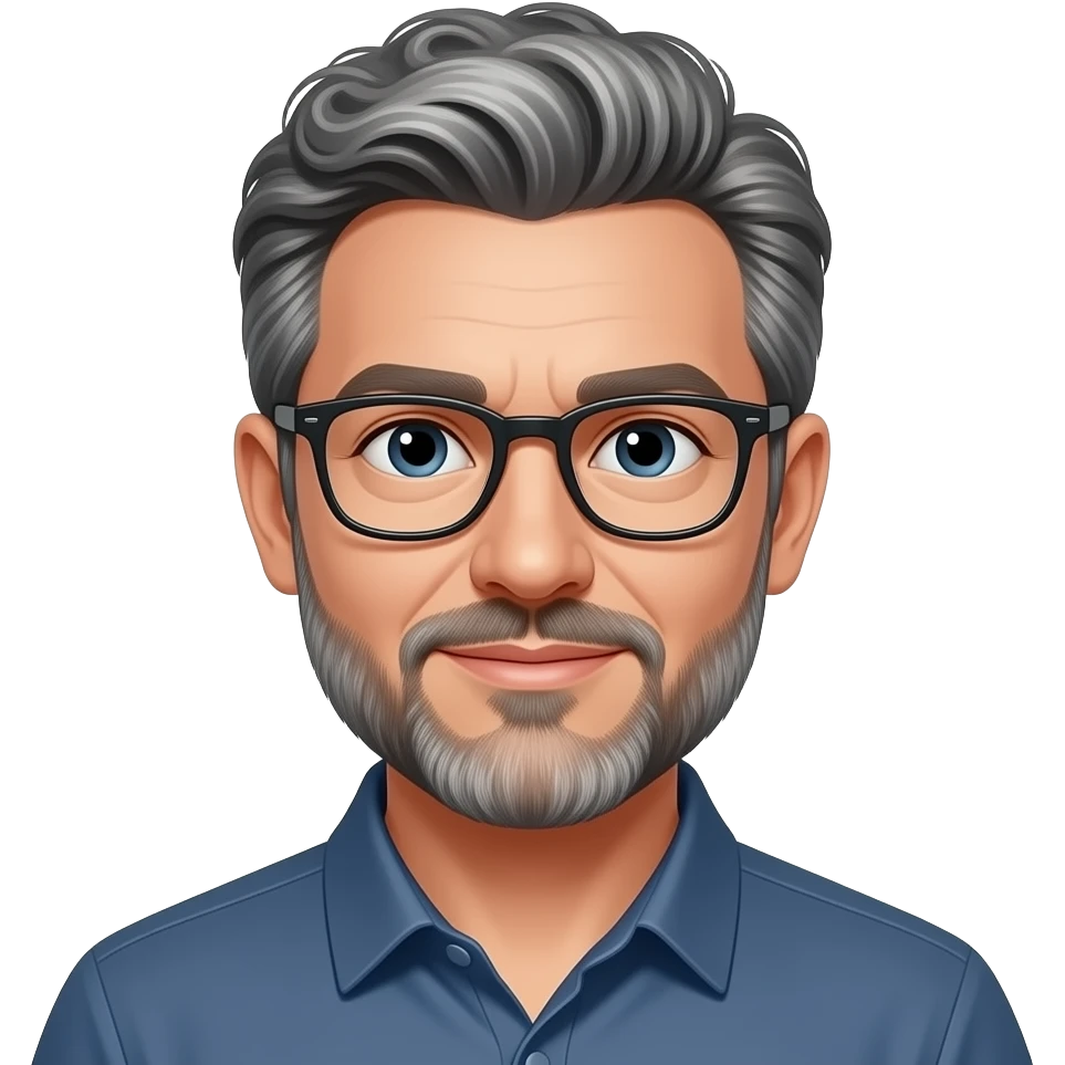 White man with curly salt and pepper hair with beard and glasses with more dark hair short side hair emoji
