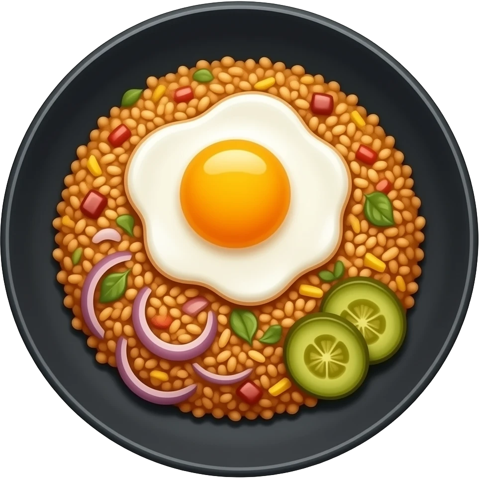INDONESIAN FRIED RICE ON A BLACK PLATE WITH A SUNNY SIDE UP EGG FRIED ONION AND PICKLES emoji