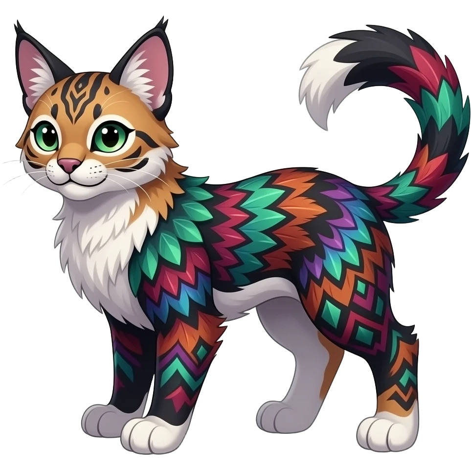 Colorful dark tropical feathery tribal dark burgundy wine-red obsidian-black jade-green white glorious iridescent divine exotic cute cool beautiful beautiful fantasy-caracal-civet-genet-sergal-vernid-Gryphon-Cacomistle-Trico-oncilla-animal-Fakémon-hybrid-fursona (full body)  SIMILAR emoji