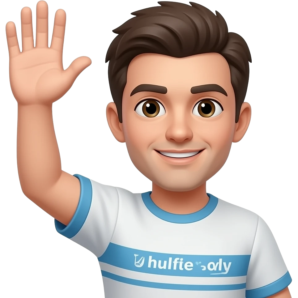 necesito que ese mismo personaje, lo hagas con la mano levantada como este: 🙋 emoji