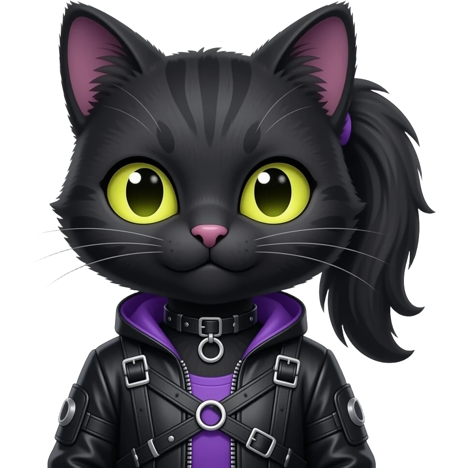 Gorgeous furry anthropomorphic digitigrade human-like gothic dark techwear anime style anthro black cat furry sona Fakemon with blushing face yellow-green eyes with ponytail, aesthetic and pretty edgy black with violet collar and harness trending style emoji