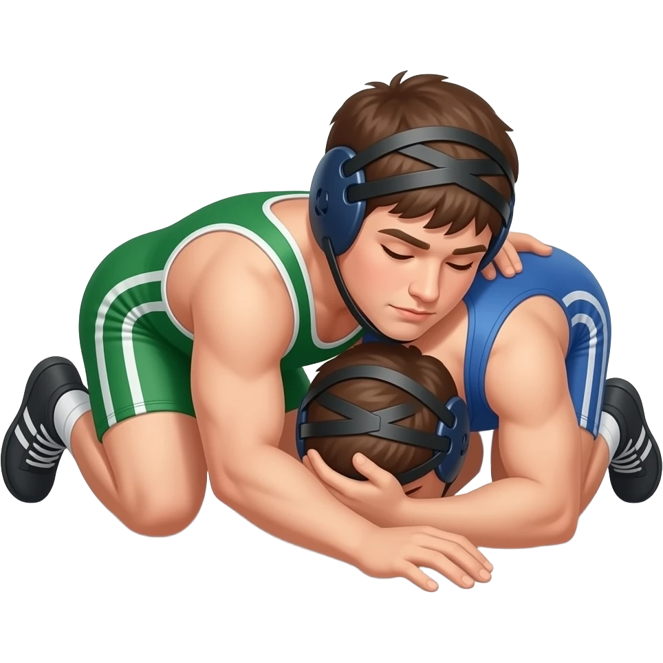 Erstelle ein Bild von zwei Uni-Wrestler in kurzen, knappen und engen Wrestler-suits, die beiden haben unterschiedlich Farben an (Grün und blau) und sie ringen liegend miteinander auf dem Boden emoji