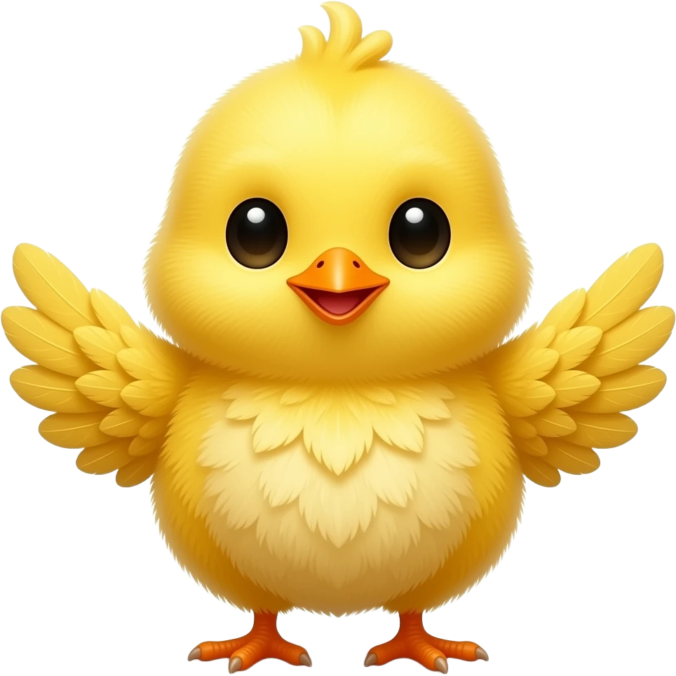 Cute yellow chick emoji, tiny round body, fluffy feathers, small orange beak, sparkling black eyes, cheerful expression, little wings spread out, simple style emoji
