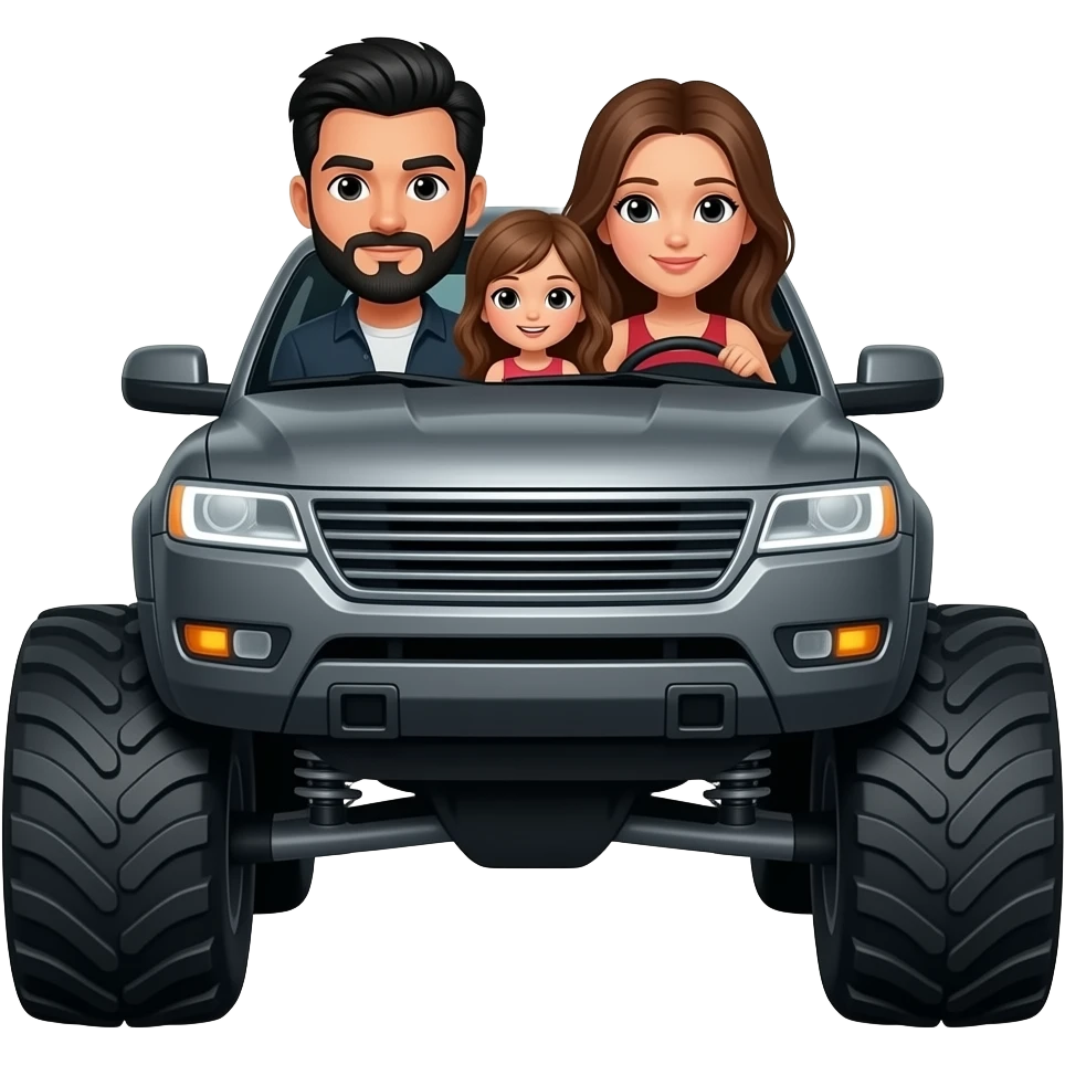 a man with black hair and a black beard with a woman with long brown hair and a little girl with long light brown hair in a monster truck emoji