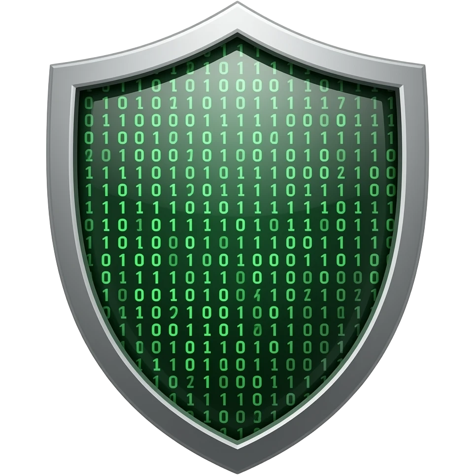 a shield like this but with computer code matrix style (greenish) emoji