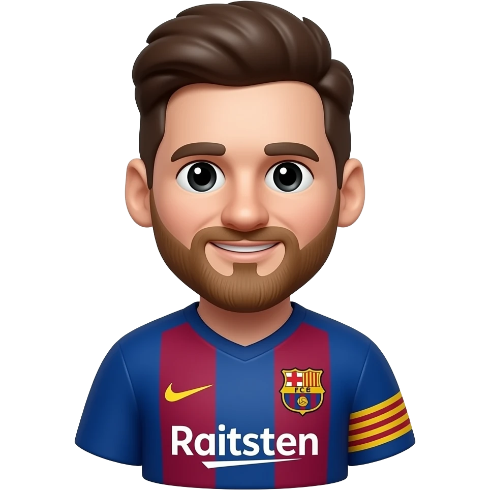 Messi-inspired 3D emoji, full Barcelona jersey, 2 tiny black sunglasses on both sleeves. emoji