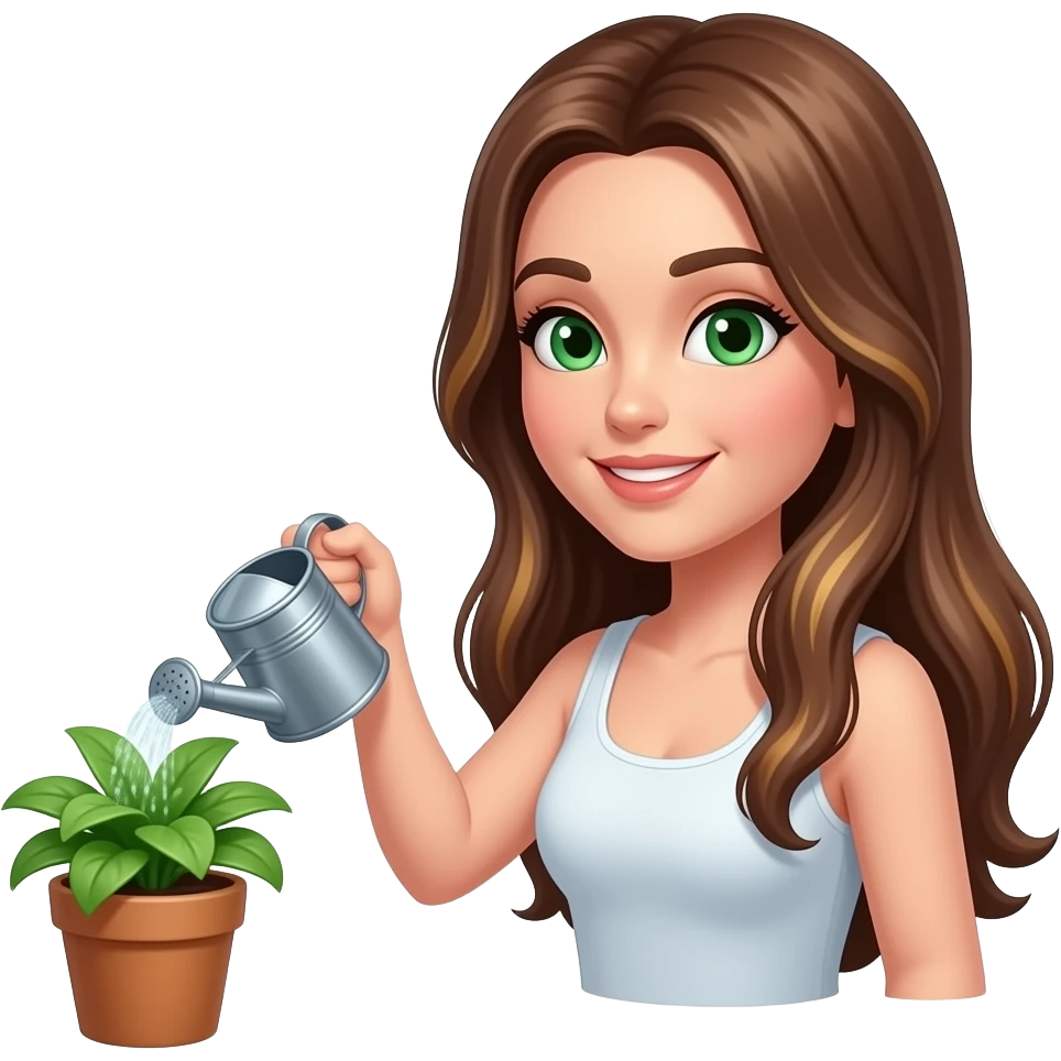 long brown hair with highlights green eyes watering plant emoji