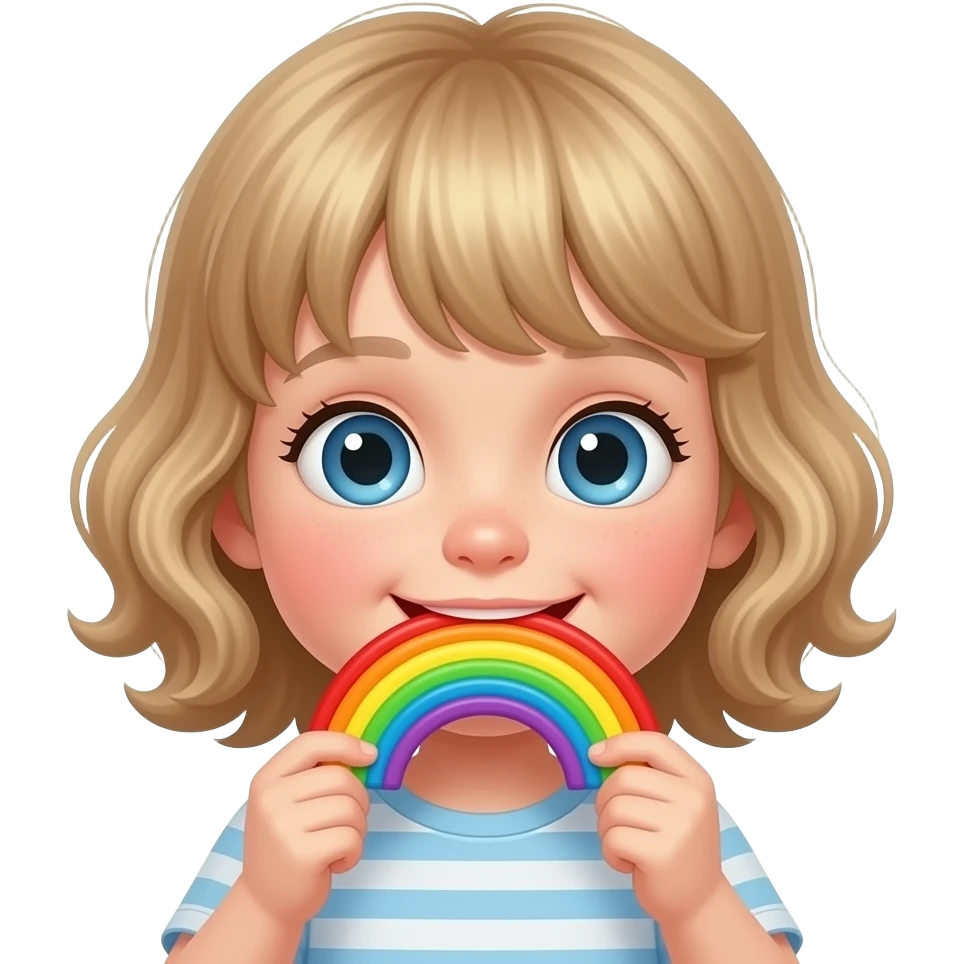 white kid blue eyes mid length hair to shoulders with bangs soft curly hair to shoulders in color: middle to little darker blond. eat the rainbow, in a fun way, for picky toddlers emoji