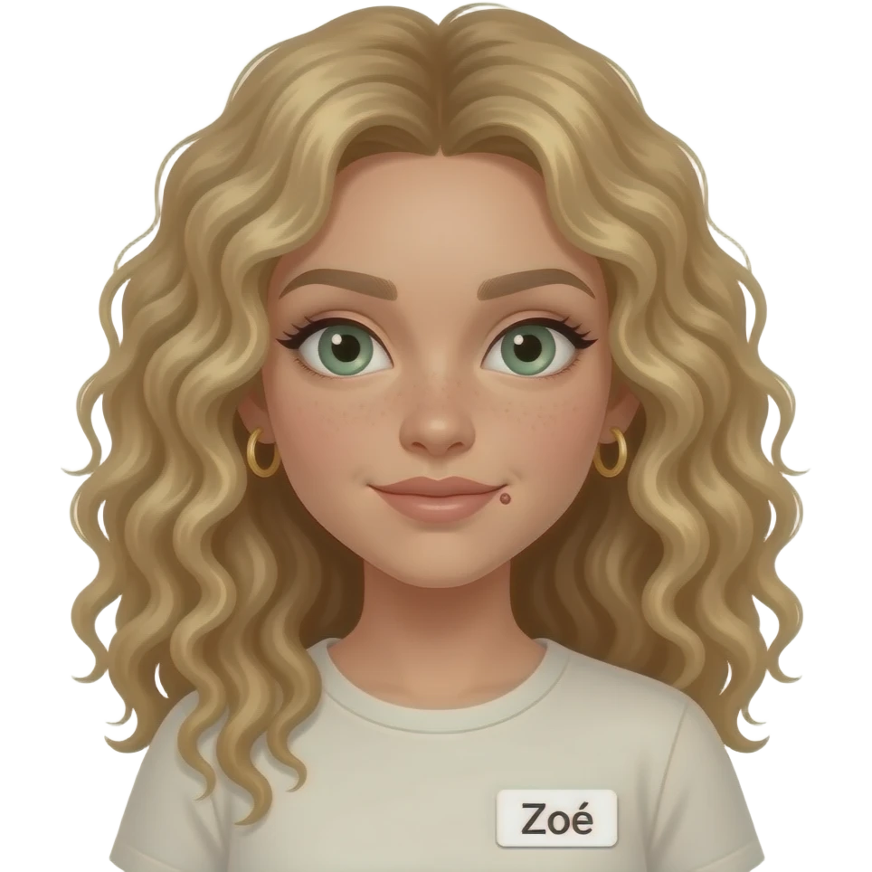 Create a fair girl with a mole under her lip, super curly hair and sage green eyes and curly dirty blonde hair, and give her gold small hoop earrings, curlier hair, have a name tag on her shirt that says zoë, and give her some lip gloss emoji