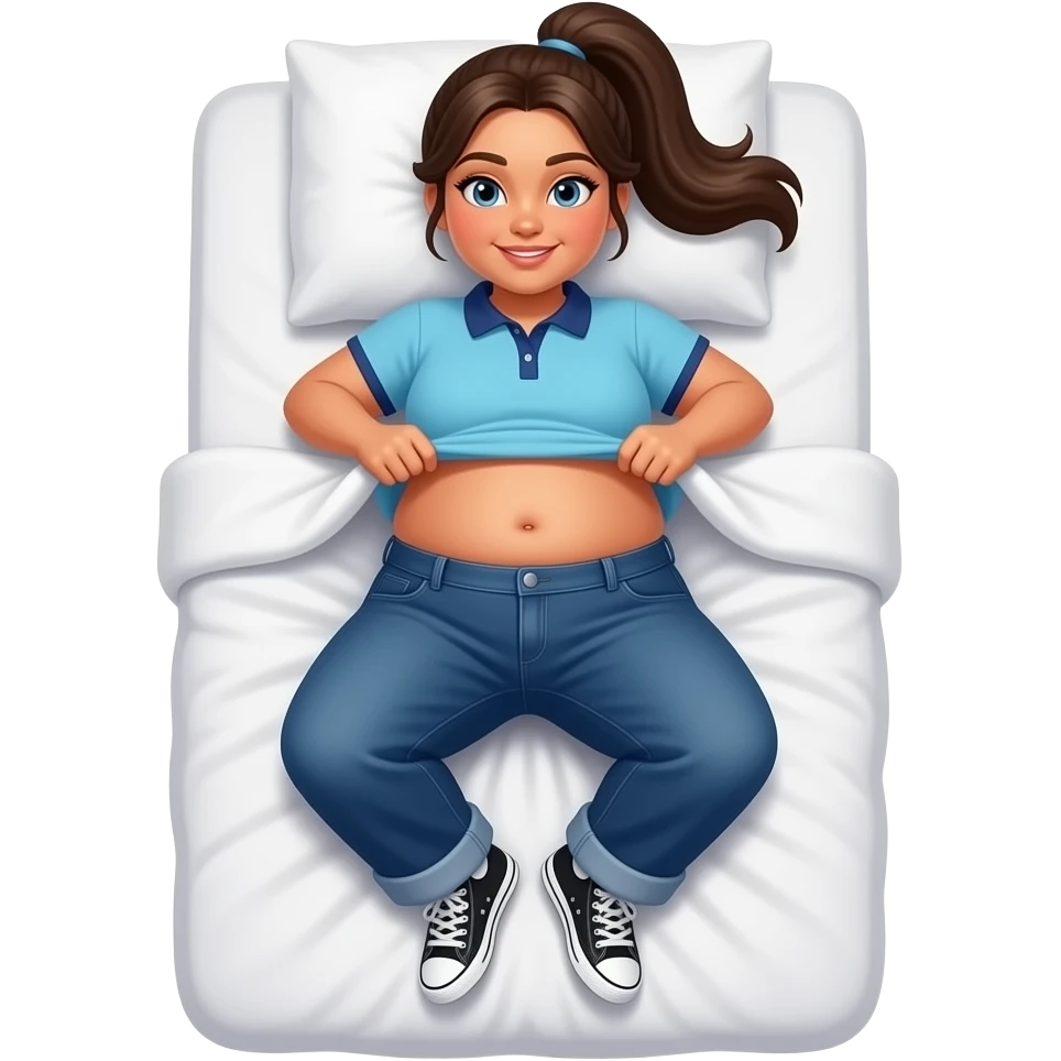 Obese Hispanic girl with brown ponytail and blue eyes light blue dark blue lined polo and dark blue baggy jeans and belly button and black and white sneakers laying down on the pillow in bed lifting shirt emoji