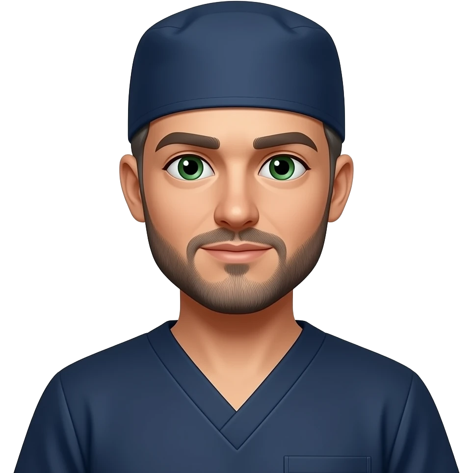 doctor with dark gray hair, beard stubble and green eyes in dark navy scub cap, dark navy shirt with no eyeware emoji