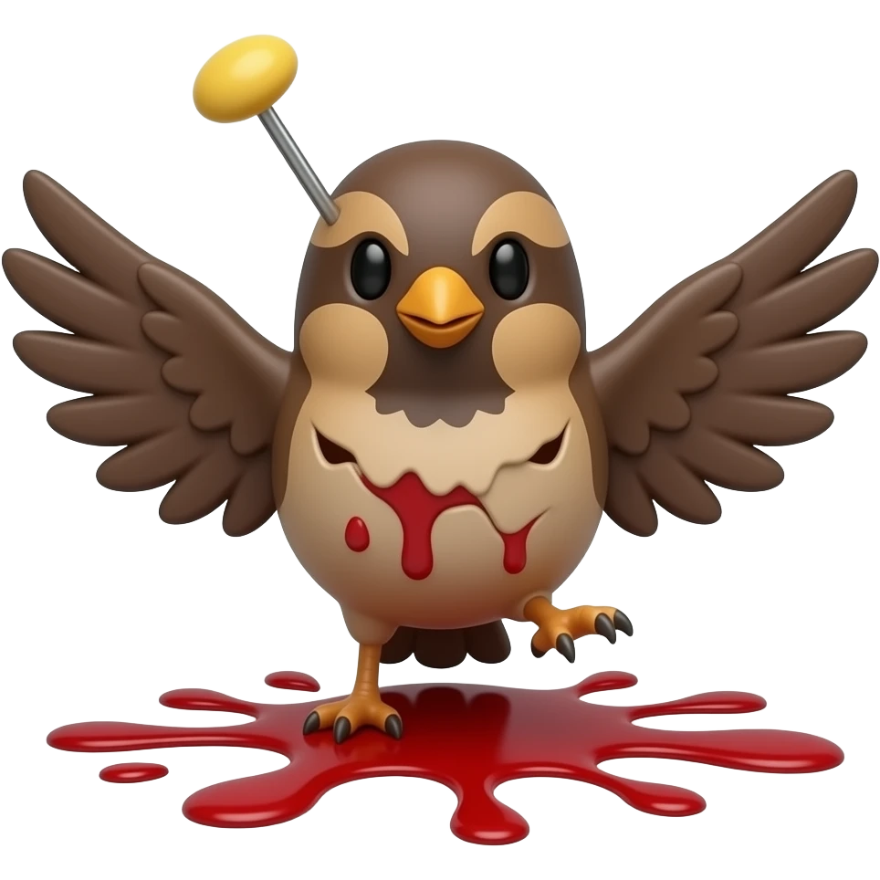 A 3D render iPhone emoji icon of a detailed Brown and red color 3D Render iPhone emoji png of a songbird pinned up with its wings sprawled out and mangled and blood underneath the bird emoji