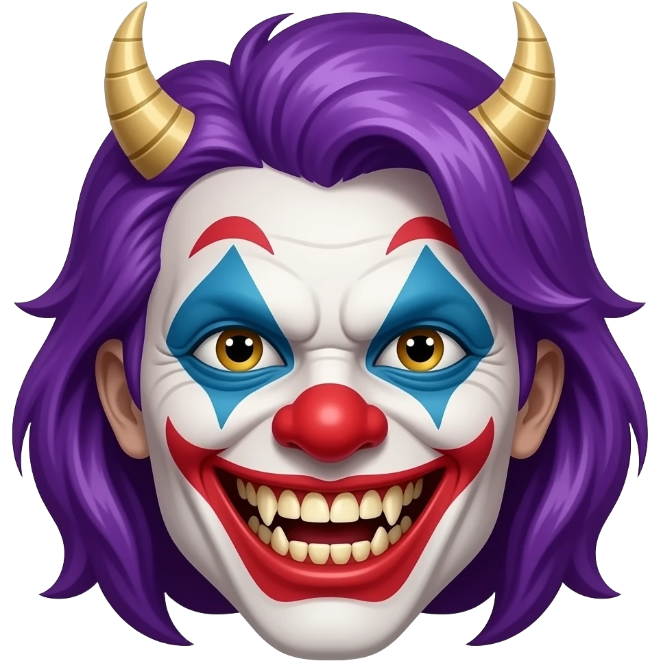 An evil, scary clown with purple hair, head only, wicked grin, hyper real, crazy makeup, scary, hyper real, ultra real, (no horns) emoji