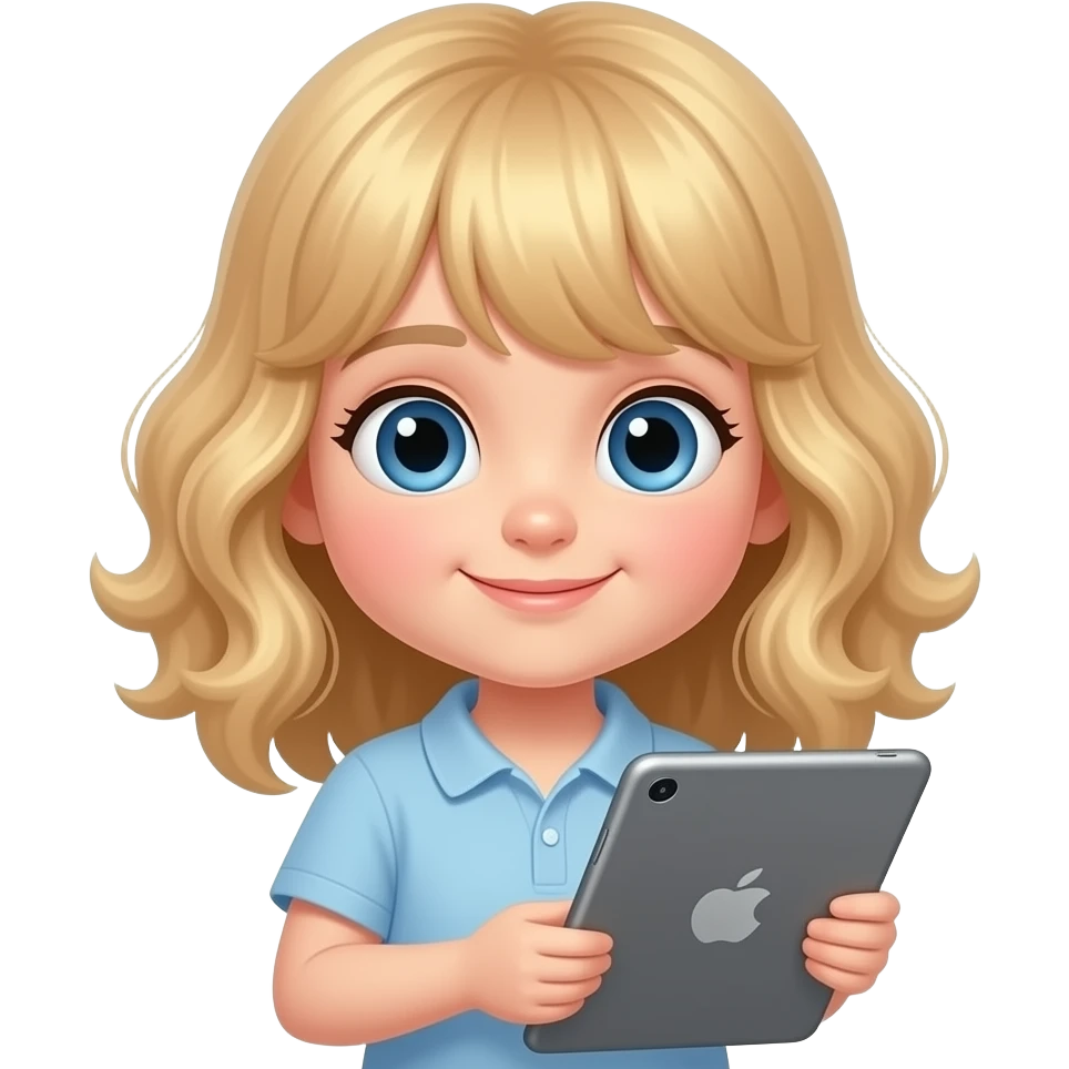 white kid blue eyes mid length with bangs soft curly hair to shoulders in color: middle to little darker blond, with an ipad on her side, screen time emoji