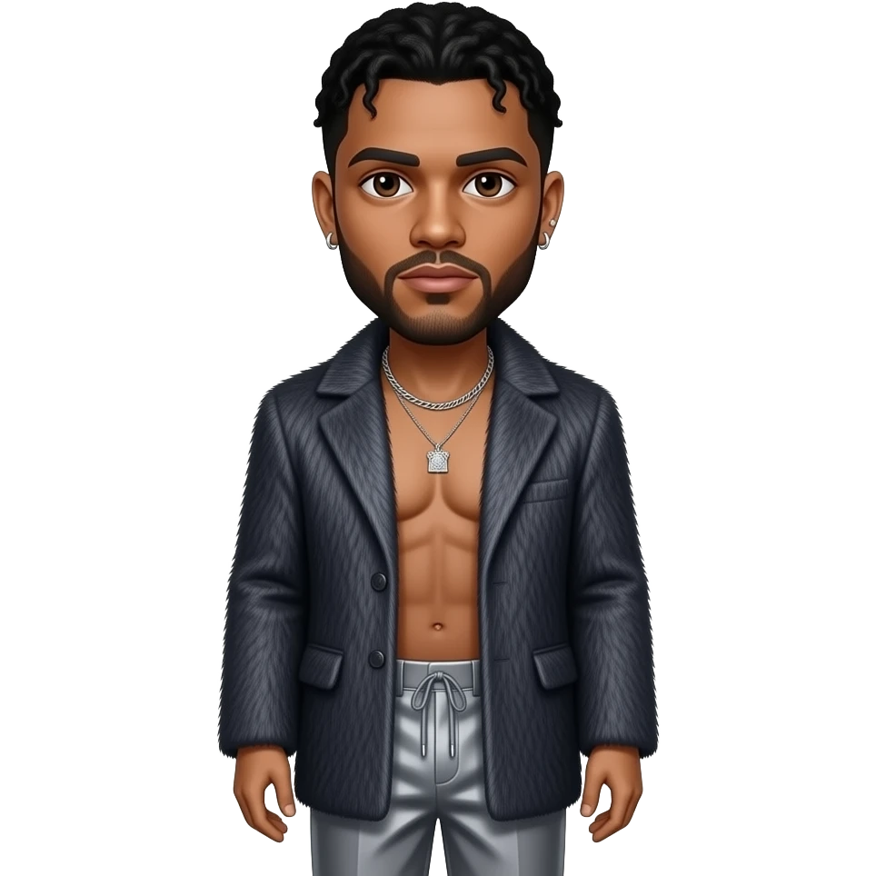 The Weeknd with dark brown eyes, black hair, dark grey fur coat, charcoal grey metallic baggy pants, shirtless with necklace and earrings emoji
