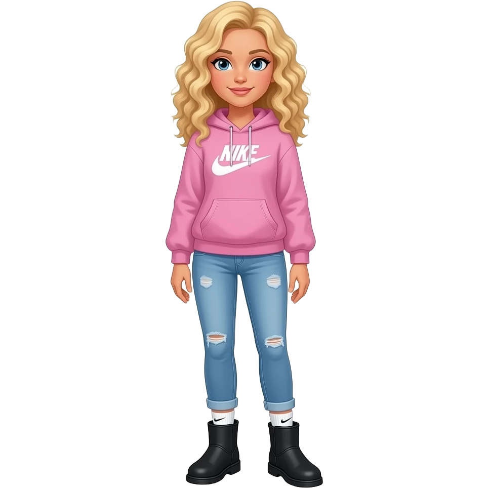 make a tall girl with blonde hair that is curled. make her wearing light colored jeans and a light pink Nike hoodie. make her wearing Nike socks and uggs emoji