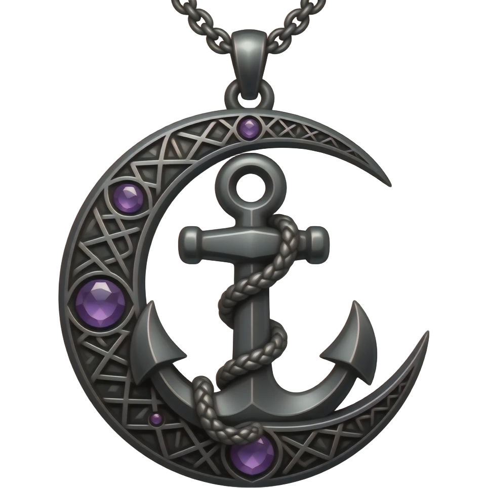 „blackened crescent‑moon and anchor pendant fused together, intricate runic engravings, small purple crystals, moonlight reflecting on metal, ethereal atmosphere, high detail, no characters“ emoji