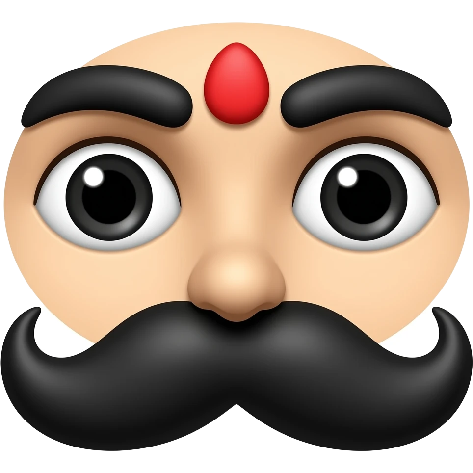 In a white background no person is needed just black eyebrows,red bindi and moustache no eyes or nose emoji