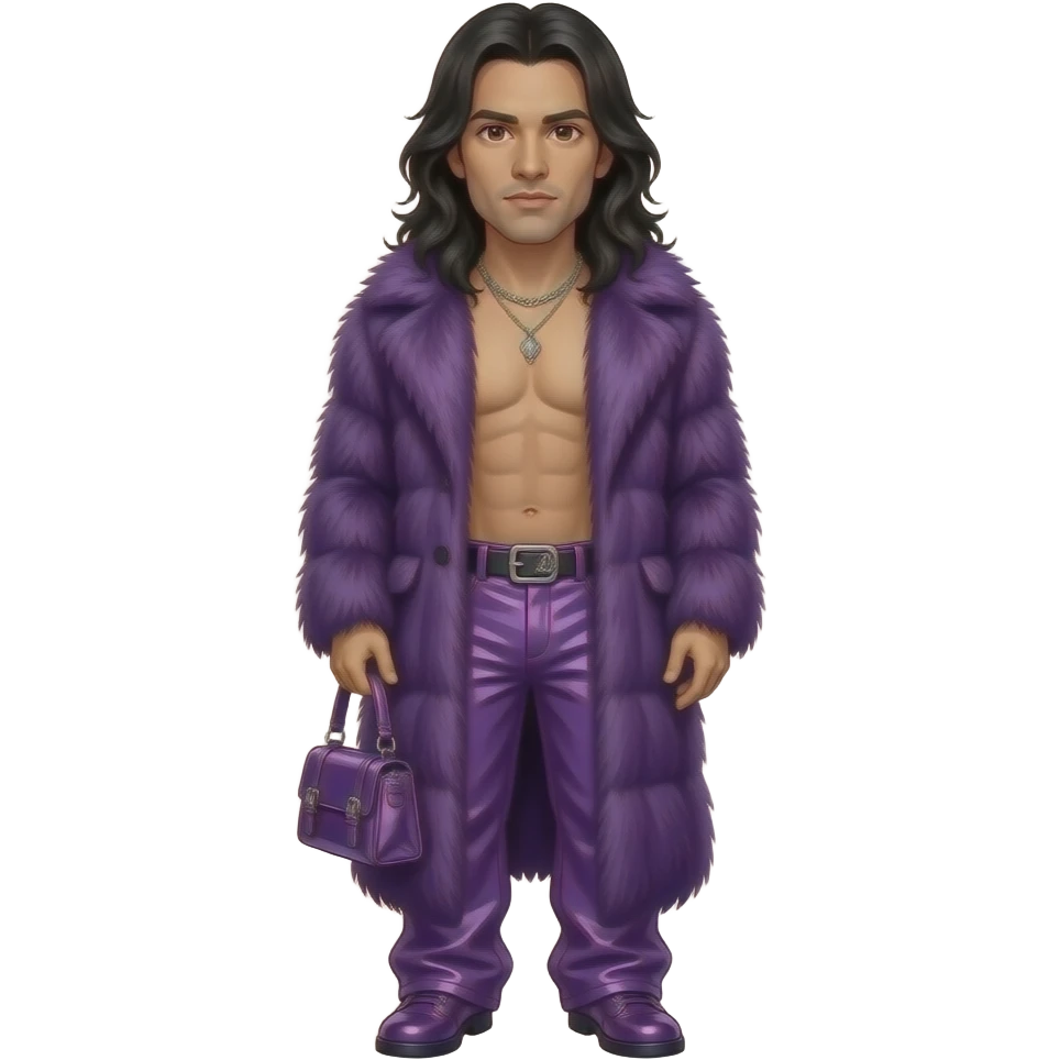 Jonathan Davis with dark brown eyes, long black hair, purple fur coat, purple chrome baggy pants, shirtless with necklace emoji