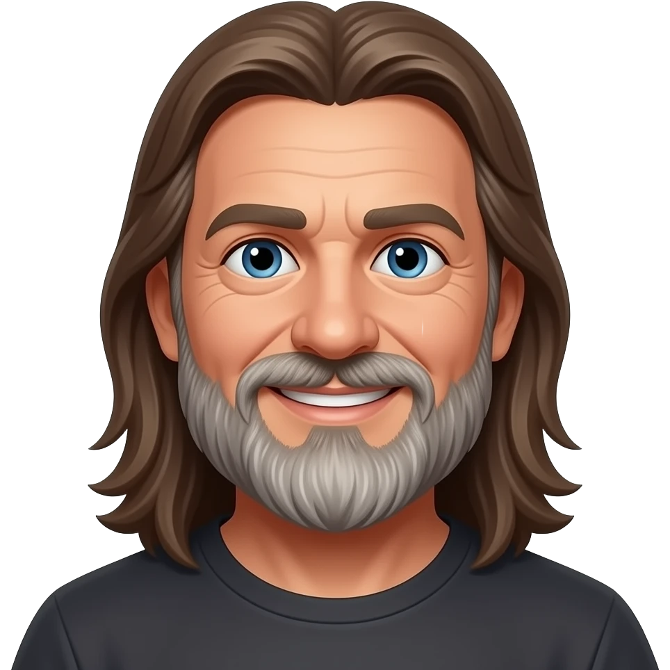 Long brown hair blue eyes long 60 year old big bushy long greyish beard stoner happy with very long hair straight back on head emoji