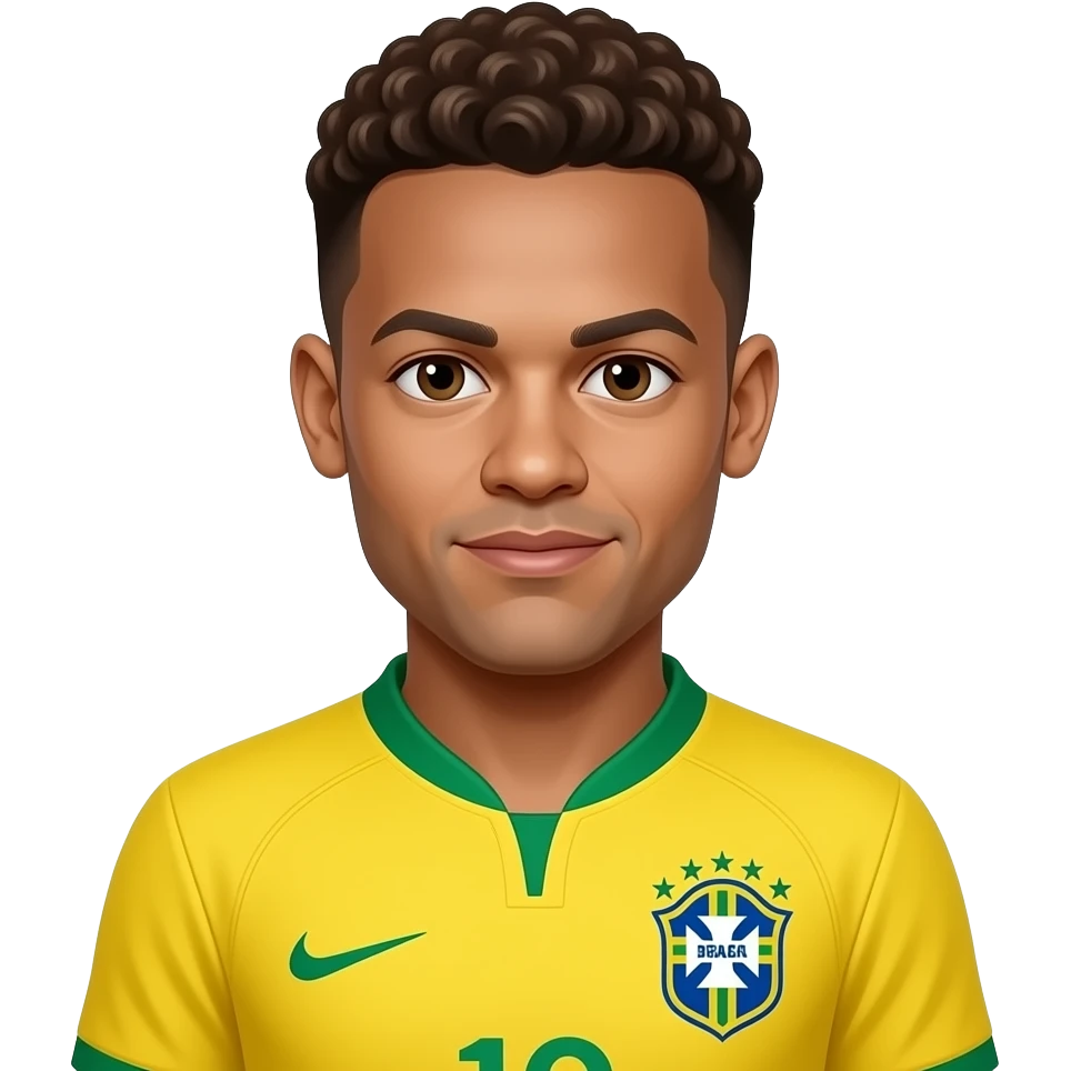 Neymar emoji, SAME Brazil jersey, chest-up, centered, 1 tiny ❤️ randomly placed near chin, hard difficulty, no text. emoji