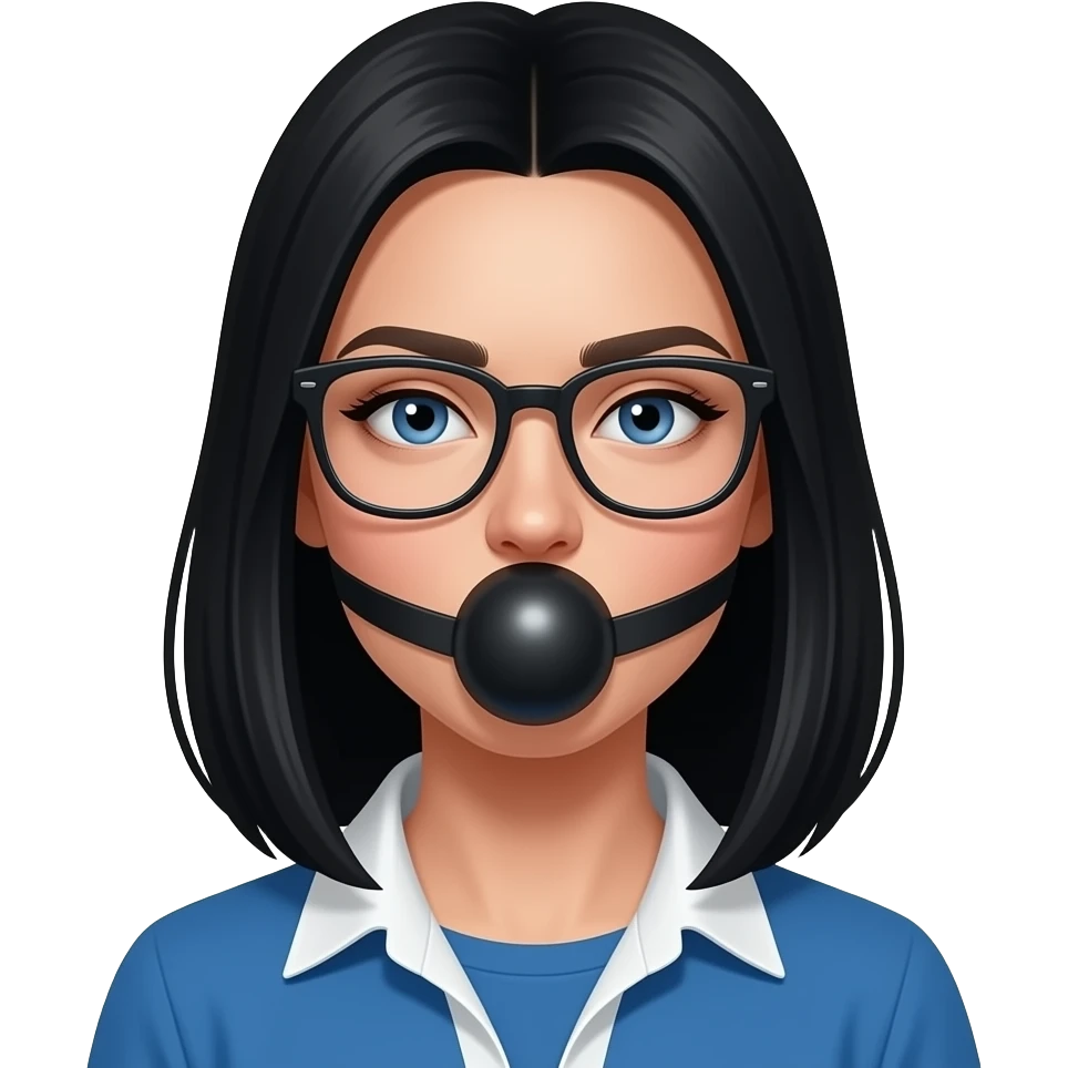 Submissive Ukrainian with black hair and blu eyes and glasses and gag ball emoji