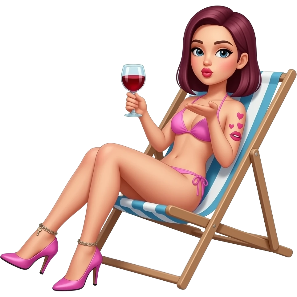 woman. burgundy, straight shoulder-length hair, sunbathing on deck chair. baby pink bikini. high stiletto heels. Ankle chain with small key dangling from it. glass of red wine in one hand. blowing kiss with other hand with pink hearts and lips emoji