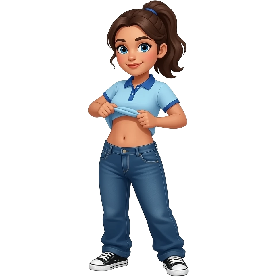 Hispanic girl with brown ponytail and blue eyes light blue dark blue lined polo and dark blue baggy jeans and belly button and black and white sneakers lifting her shirt funny belly trick emoji