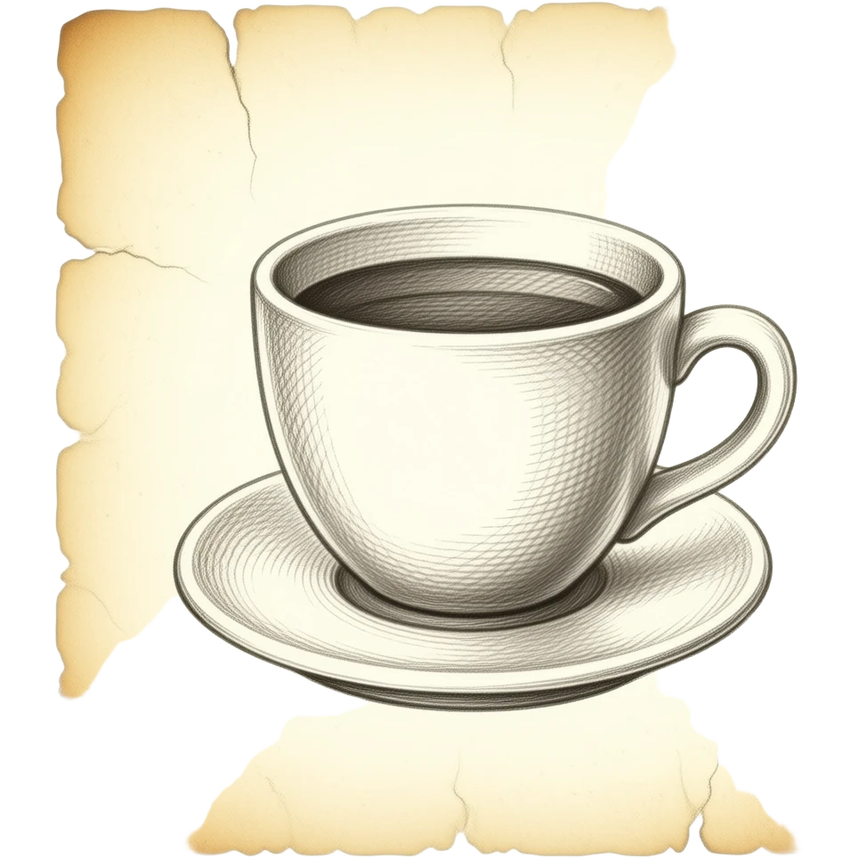 Vintage coffee cup sketch, aged paper, yellowed edges, graphite with ...