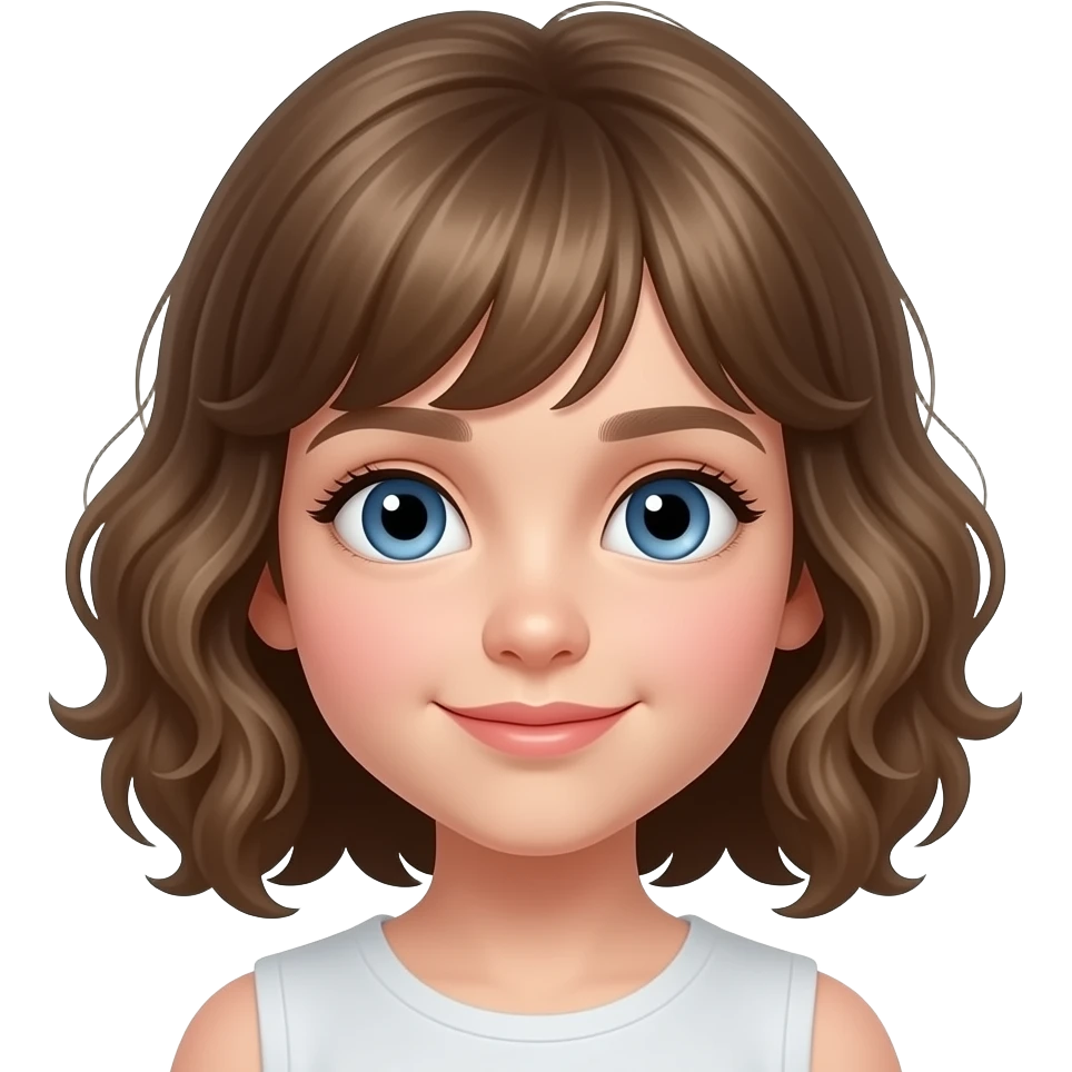 white kid blue eyes mid length with bangs soft curly hair dark blonde emoji