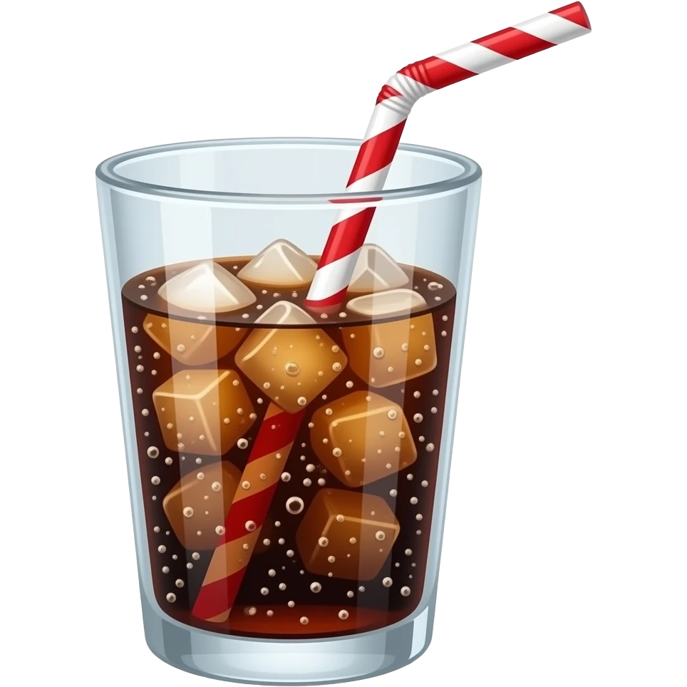 3D emoji style cola soda in a clear glass cup, 
dark fizzy drink with bubbles, ice cubes, and a red striped straw, 
Apple emoji aesthetic, soft highlights, 
transparent background, bold simple shapes emoji