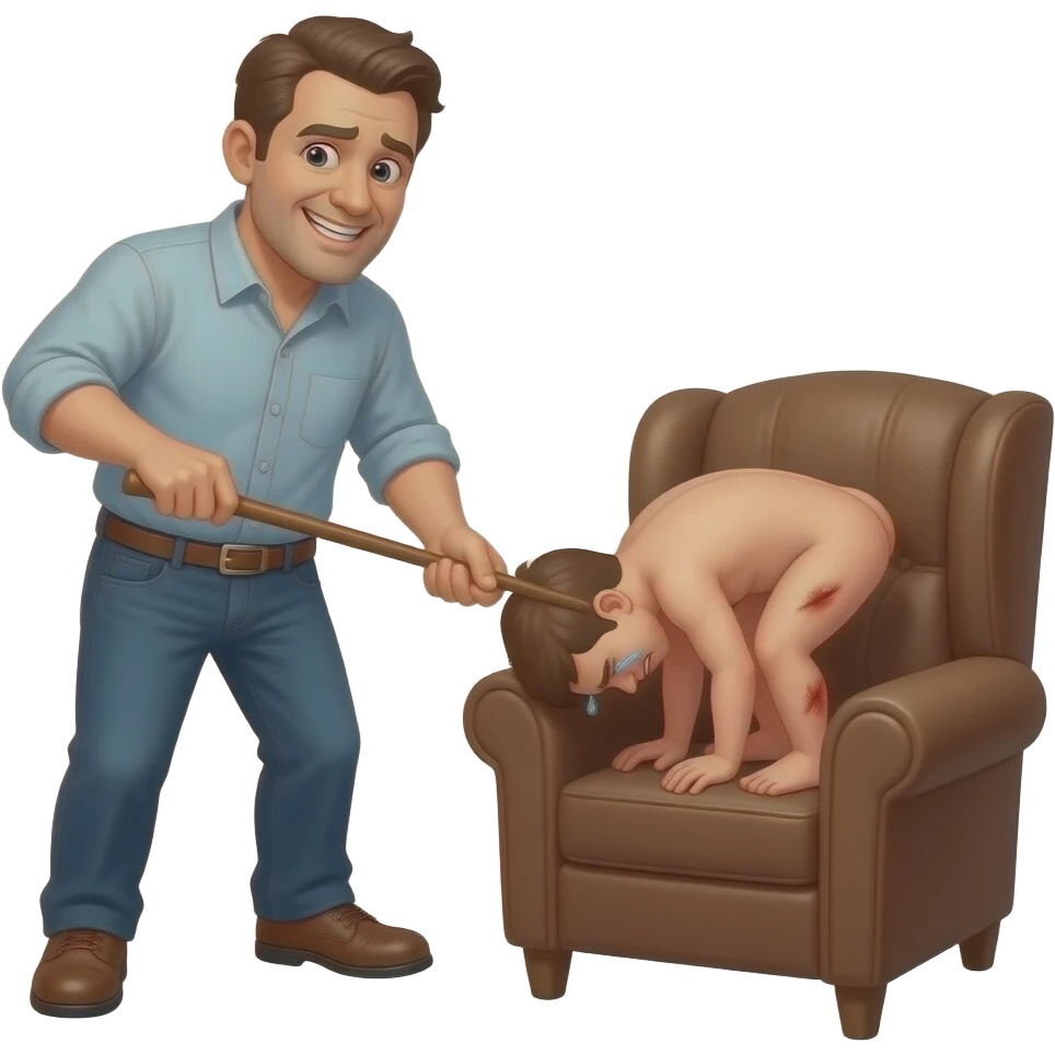 A cruelly smiling clothed man with a thin cane savagely beating the bottom of a small, crying, naked man bending over the back of a brown armchair, his head down on the seat of the chair, buttocks up high over the back of the chair and his red buttocks very bruised, and emoji