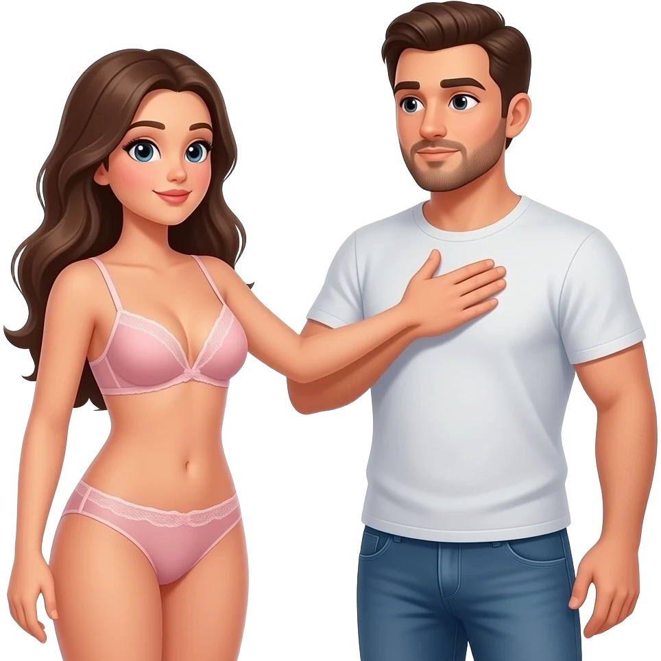 الرجل يمسك صدر الفتات في يده تلاجعل فتاة ترتدي الملابس الداخلية ورجل يقف بجانبها ويمسك صدرها emoji