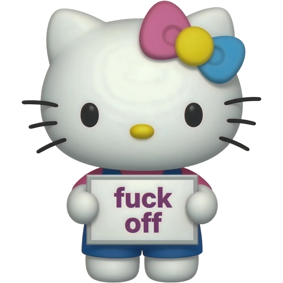 hello Kitty head with pink yellow and blue colored bow with with front paws holding a sign with the name fuck off emoji