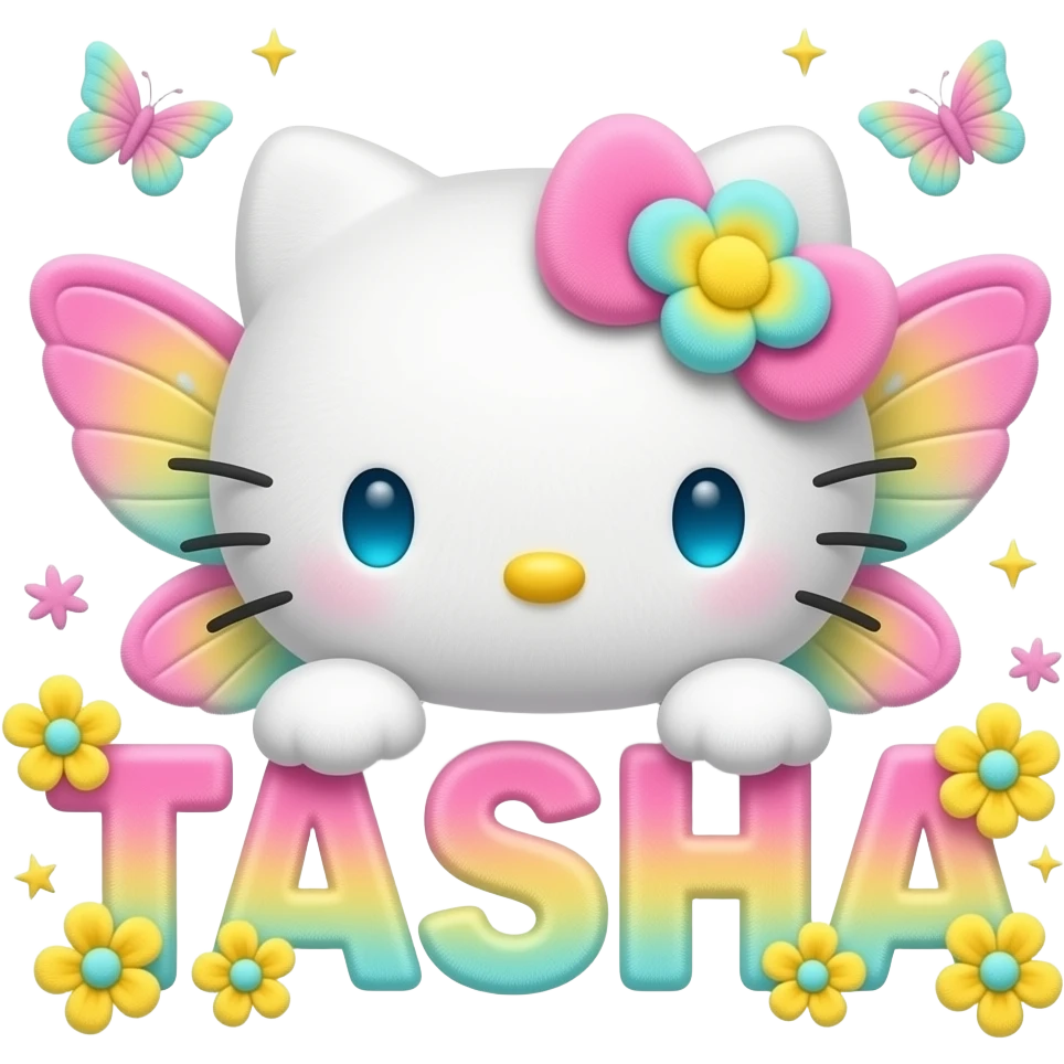 White velvety fur 3D hello kitty head, pink yellow cyan ombre 3D flower ...
