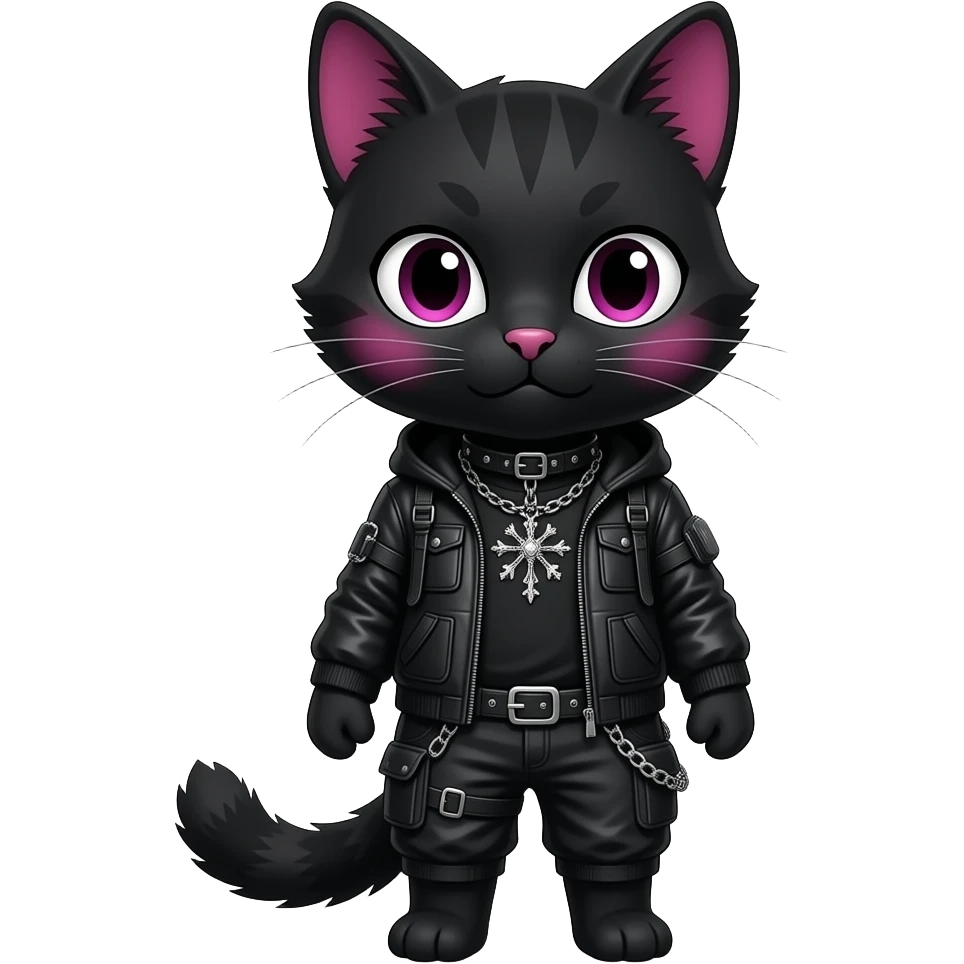 Gorgeous furry gothic dark techwear anime style anthro black cat fursona with blushing face aesthetic and pretty edgy black with collar and harness trending style emoji