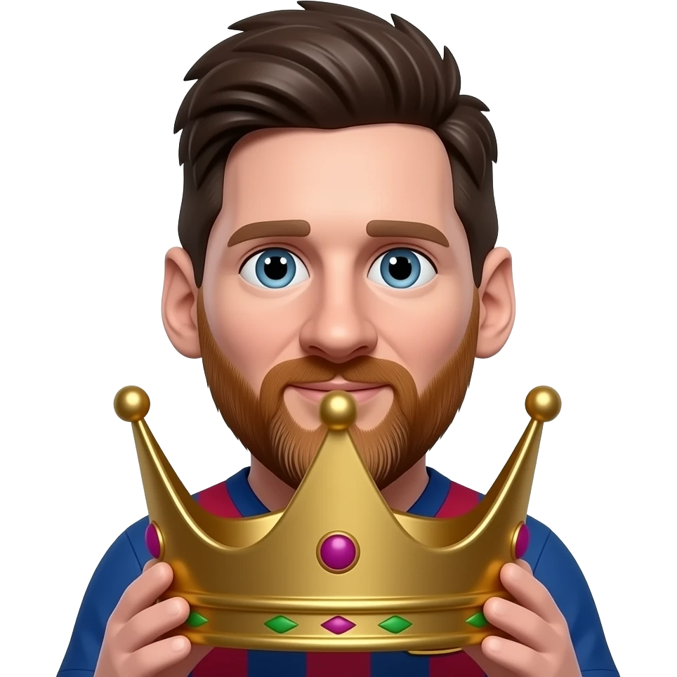 Messi-inspired 3D emoji, same natural face, holding 1 large gold crown, face uncovered. emoji