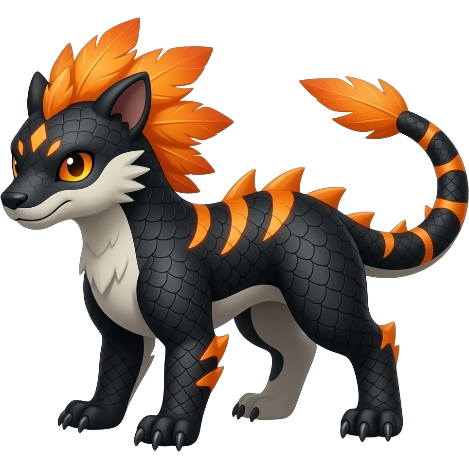 Cool edgy ancient black-scaled with neon-orange stripe markings digitigrade bipedal vintage futuristic raptorik fantasy-Cyberpunk-Steampunk-Solarpunk-Genesect-Salamence-Cyclizar-Salazzle-Feraligatr-Fakémon-animal-hybrid, with neon feather-mane, and a tail blade, back spikes, full body emoji