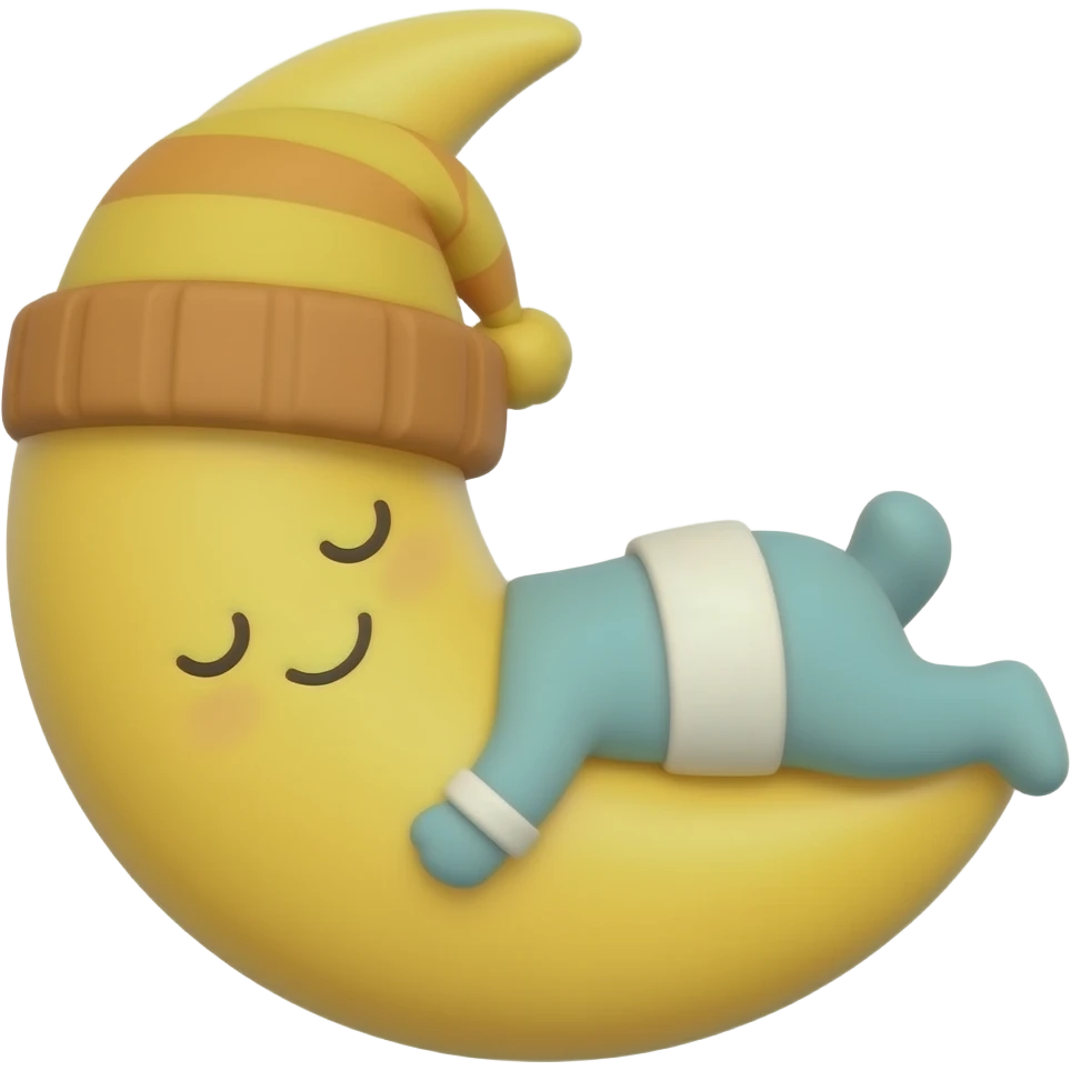 A cute Pixar-style 3D animated half moon with warm hat (crescent moon) sleeping with a small smile. professional studio quality, cinematic lighting, 8k resolution. emoji
