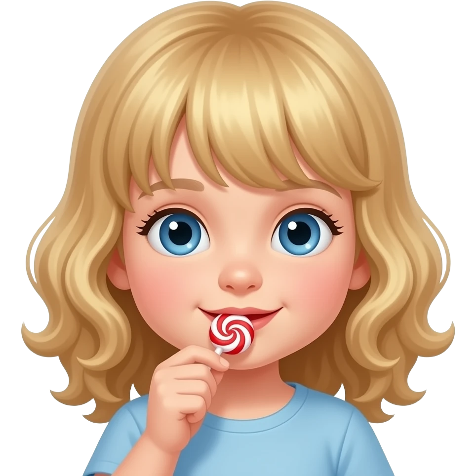 white kid blue eyes mid length with bangs soft curly hair to shoulders in color: middle to little darker blond, eating candy emoji