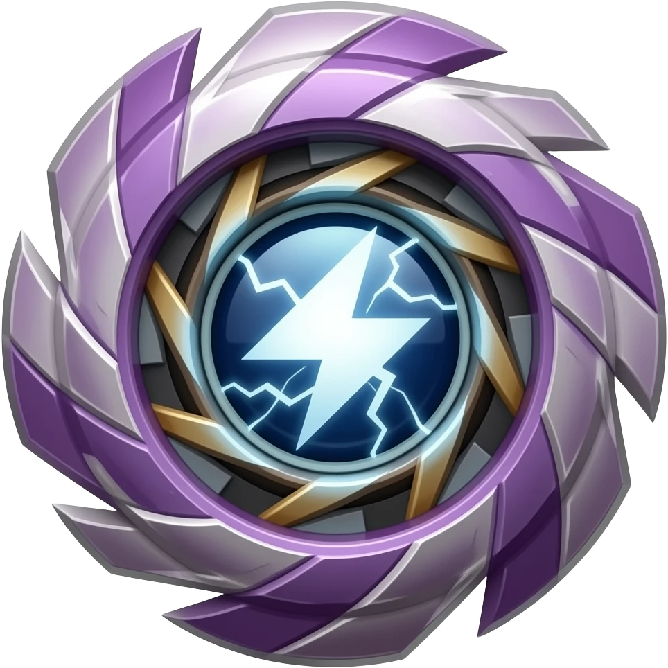 pixel art purple storm breaker bayblade, heavy armored top, electric pulse core emoji