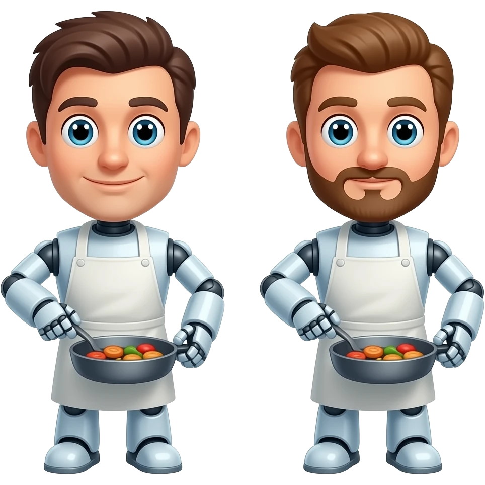 pair of funny friendly looking robots cooking, their faces look like 2 different humans (white dudes, no beard, brown hair) emoji