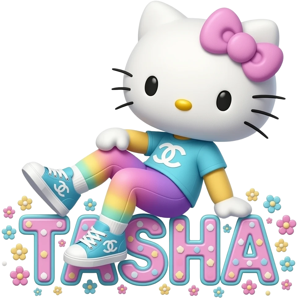 4D Velvety fur hello kitty wearing ombre white and blue and purp yellow ombre pastel colored leggings and sneakers, and with the Chanel symbol on her ombre pastel bow sitting sideways leaning back on top of the velvety 3D outlined letters TASHA surrounded with tiny ombre pastel flowers made of candy emoji