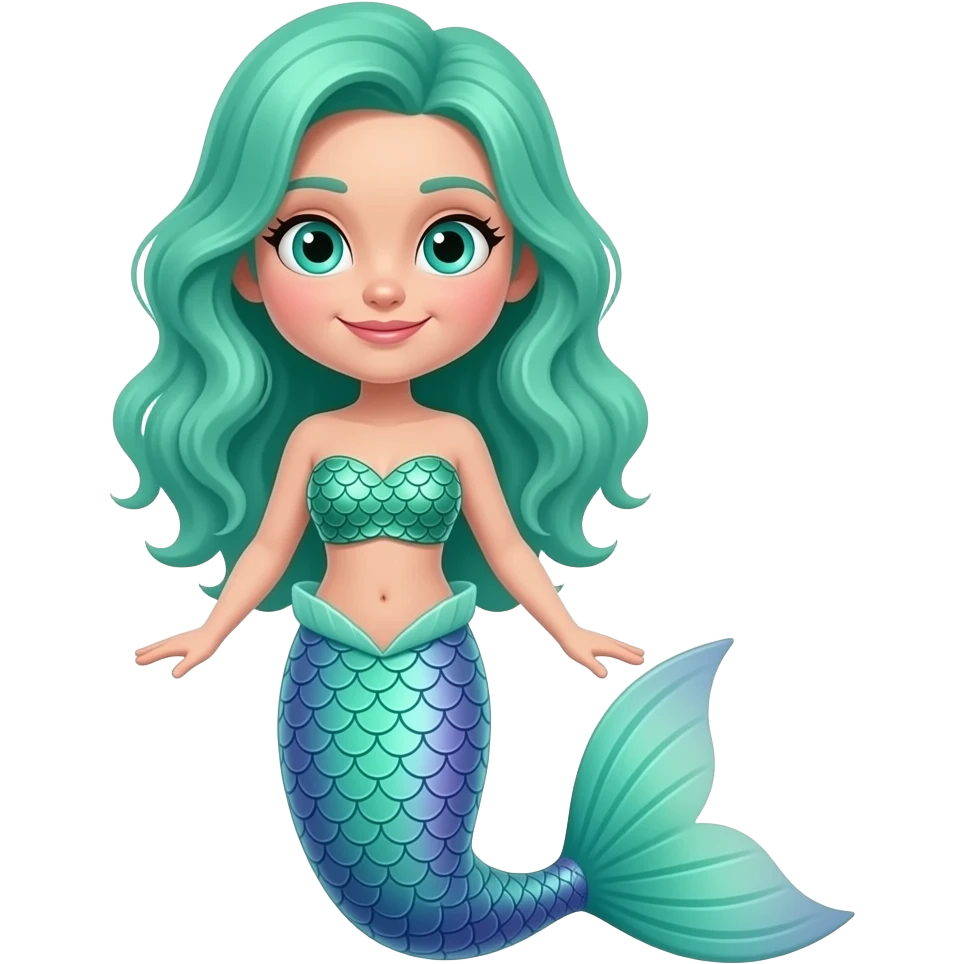 woman with seafoam green hair and bright turquoise eyes and a mermaid tail, made of green and purple scales, wearing a crop top made of green fish scales full body emoji