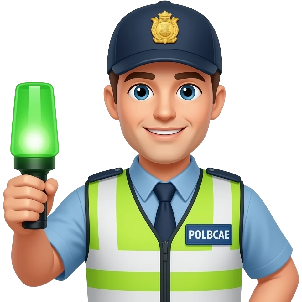 traffic man wear a traffic safety vest green color and green safety lgiht in his hand face with half body close up emoji